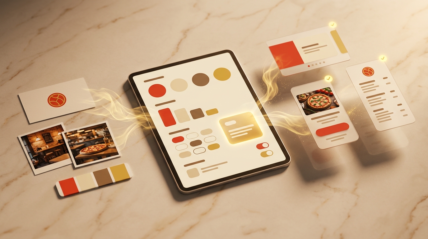 Claude Design: Ein Designsystem mit Farben, Schriften und Bausteinen wird auf Folien, Landingpage und Speisekarte angewendet