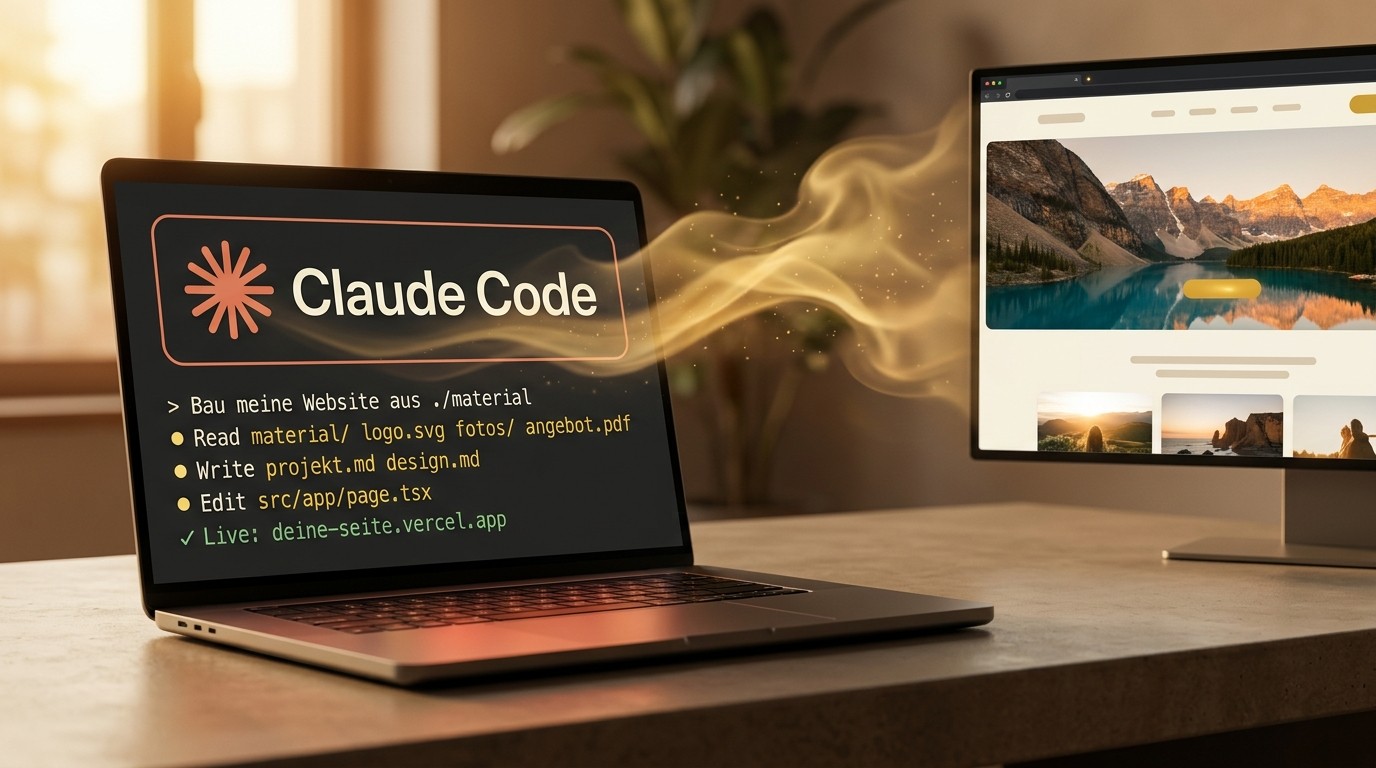 Website mit KI erstellen: Claude Code liest im Terminal das Projektmaterial und schaltet daraus eine fertige Website live